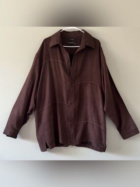 SYLLABLES Men's XL Brown Micro Suede Button Down Shirt Long Sleeve Stitch Detail